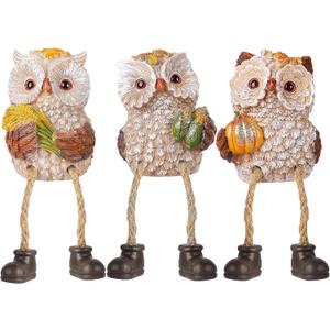 Lulu Home Thanksgiving Figurines, Set of 3 Resin Owl Shelf Sitters with Dangling Legs, Wheat Maize Pumpkin Harvest Sculpture for Window Sill Kitchen Tabletop Autumn Home Decor