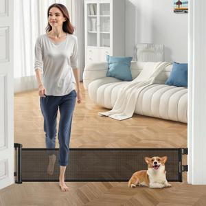 14" H Hideaway Short Dog Puppy Gate - Retractable Mesh Security Fence, Expands Up to 59 Inches - Ideal for Stairs & Doorways (Black)