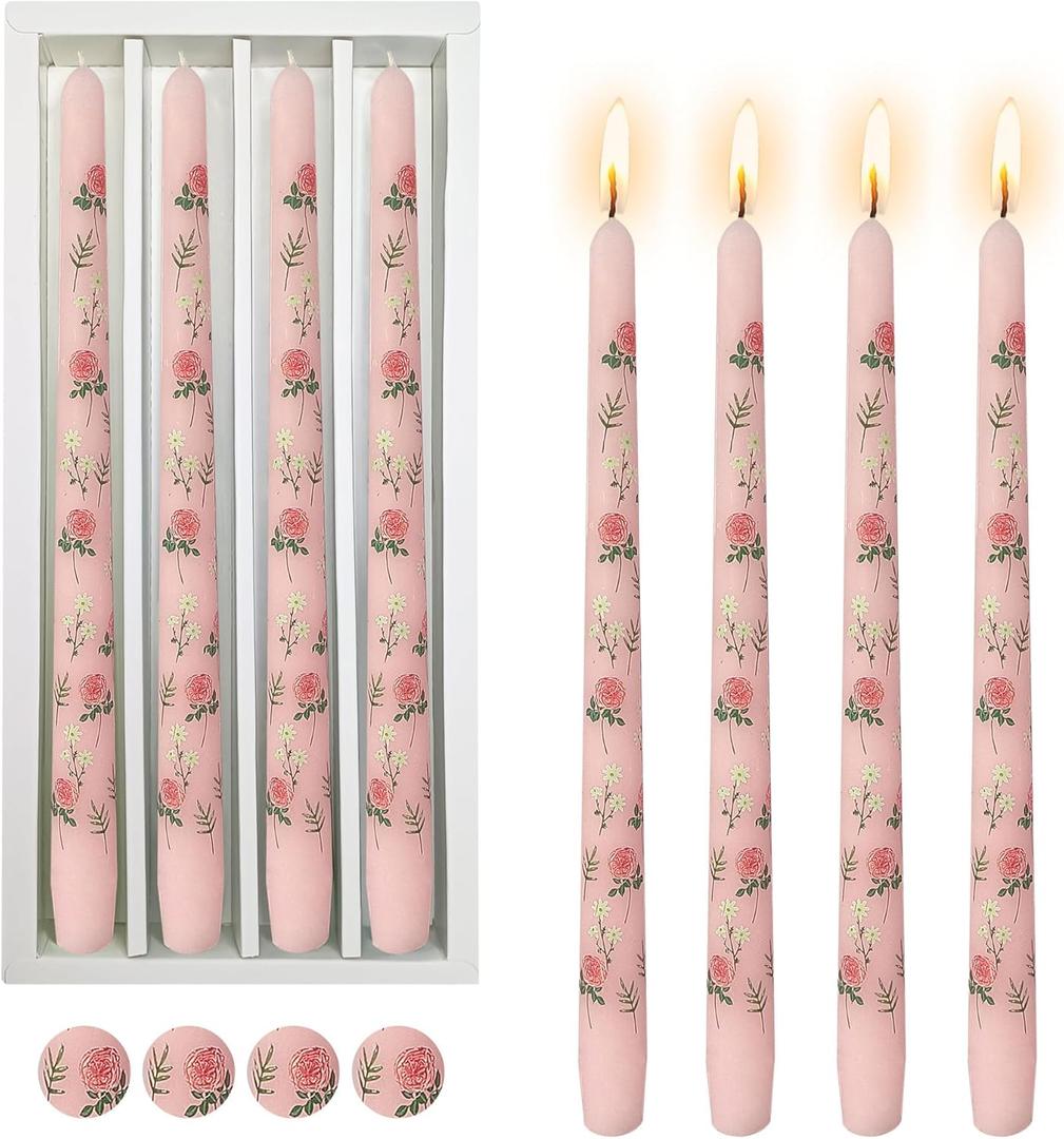 Print Taper Candles Dripless Candlesticks - 4pcs Handmade Floral Candle Long Candle Sticks 10inches Flower Tapered Candles for Home Party Wedding Restaurant Holiday Decor,8D4T-RONEW
