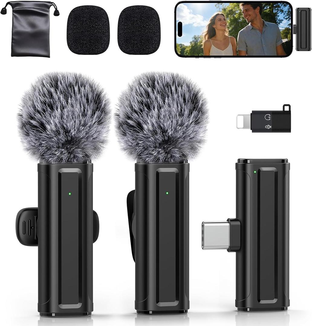 Wireless Mini Microphone for iPhone, iPad, Android, 2 Pack Lavalier Mic with 360 Rotatable Clip, Plug and Play Noise Reduction USB-C Mic for Video Recording YouTube TikTok Podcast Content Creators