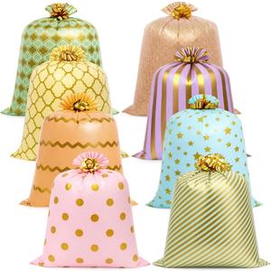 Fulmoon 8 Pcs 48 Inch Jumbo Gift Bag Golden Extra Large Bags with Pull Flowers, Graduation Plastic Giant Gift Oversized Wrapping for Wedding Birthday Baby Shower(Macaron Color)