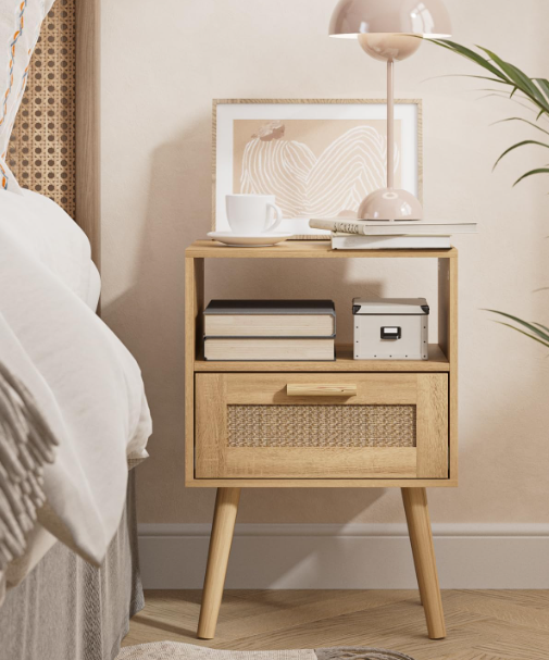 Nightstand, Small Night Stand, Side Table with Drawer Open Shelf, Cane Accent Bedside End Table with Wood Legs, Mid Century Modern Nightstand for Bedroom, Oak (Mid-Century Modern)