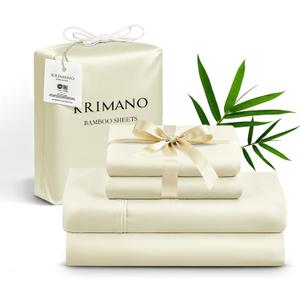 KRIMANO Queen Size Sheet Set, Bamboo Sheets for Bed Set 4pcs, 100% Organic Viscose Derived from Bamboo, Hotel Luxury Silky & Cooling for Hot Sleepers, Deep Pocket Up to 17", Creme