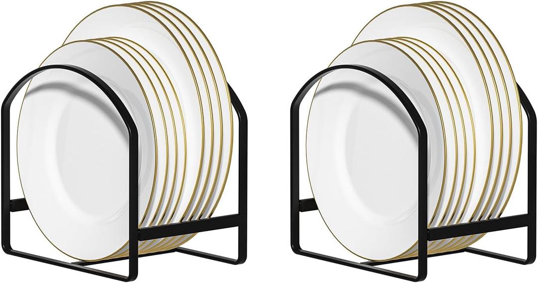 LINFIDITE 2 Pack Kitchen Plate Holder Organizer for Cabinet Space Saver Dinner Dish Plate Storage Rack Upright Dish Drying Racks Metal Dish Racks Stand for Cupboard and Countertop Large Black