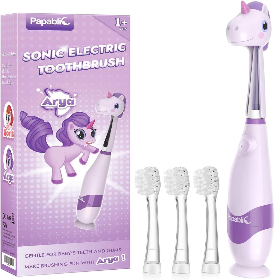 Papablic Toddler Sonic Electric Toothbrush Kids for Ages 1-3 Years, Baby Electric Toothbrush with Cute Unicorn Cover and Smart LED Timer, 4 Brush Heads (Arya)