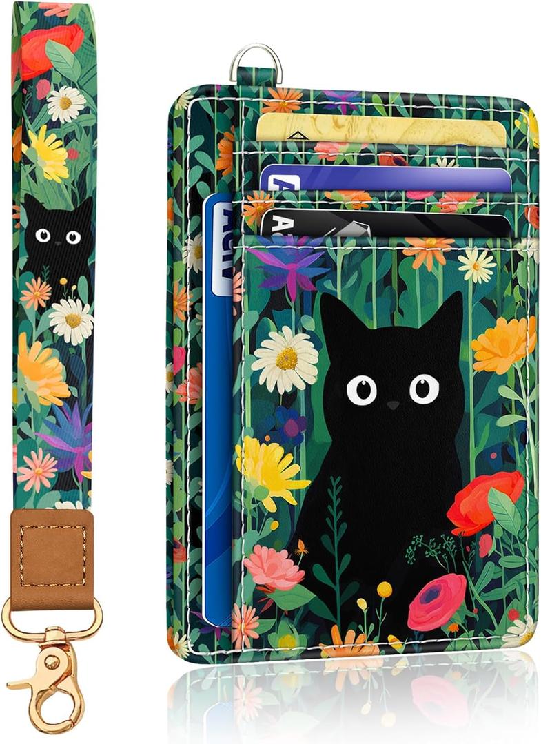 Cat Flower Credit Card Holder Slim Wallet, RFID Wallet Women Front Pocket Wristlet Lanyard, Small Card Holder Travel Funny Cute Thin ID Window PU Leather Case Organizer Gifts Girl