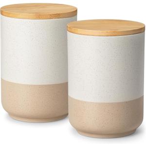 vancasso Sabine Large Ceramic Canister Set with Airtight Wood Lids - 2-Piece Kitchen Food Storage Jars for Flour, Sugar, Coffee & Tea (74 oz Each) - Big Capacity Countertop Jars