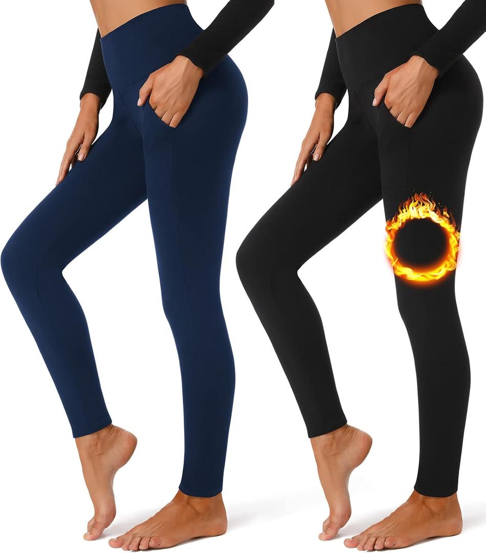 FULLSOFT 2 Pack Fleece Lined Leggings with Pockets for Women High Waisted Thermal Winter Yoga Pants for Workout Running, Medium