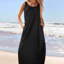 MEROKEETY Women's Boho Maxi Sundress 2025 Summer Beach Dress Scoop Neck Sleeveless Loose Tank Dress (Black, S)