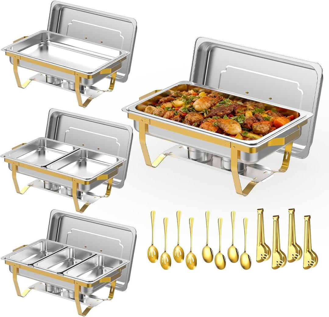 4 Pack 9 Qt Chafing Dishes Buffet Set - Gold Stainless Steel Food Warmers with 12 Serving Utensils (Tongs, Ladles, Spoons) for BBQ, Parties, Catering, Weddings, Events