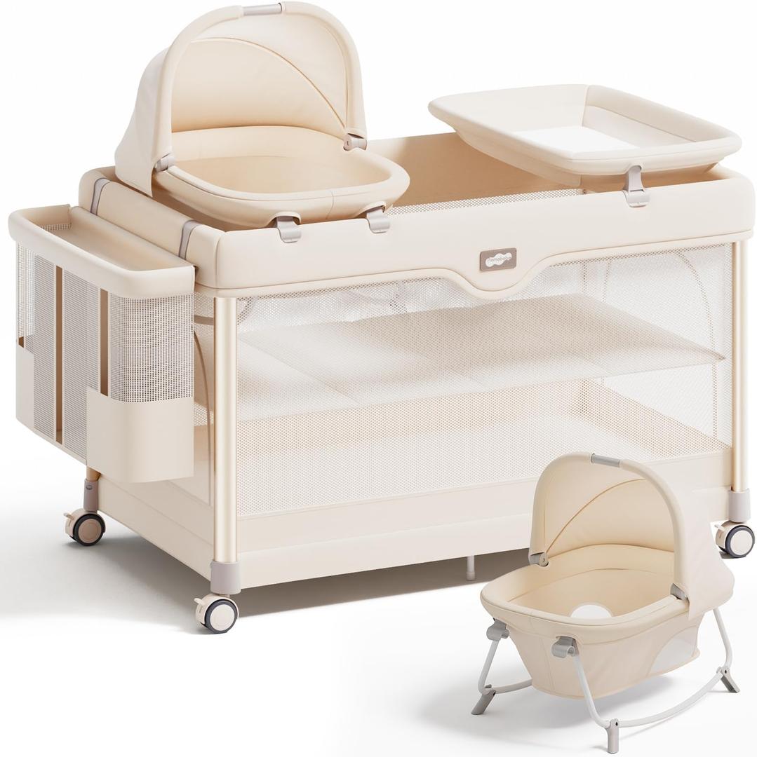 Pamo Babe 6-in-1 Pack and Play with Bassinet One-Step Setup Baby Bassinet, Portable Playard, Travel Crib with Mattress, Changing Table, Storage Bag & 4 Wheels Travel Playpen for Baby (Beige)