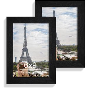 Hongkee 6x9 Picture Frame Set of 2, Made of Real Glass and Rustic Black Wooden Frame - 6 by 9 Photo for Wall or Tabletop Display