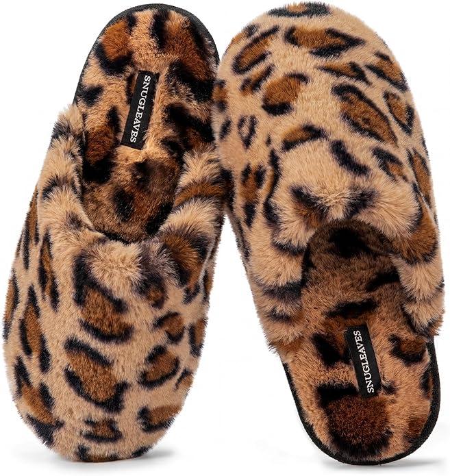Snug Leaves Women's Fuzzy Scuff Slippers Soft Comfy Memory Foam Non-slip Indoor House Shoes (Cheetah Pink, Size 9-10)
