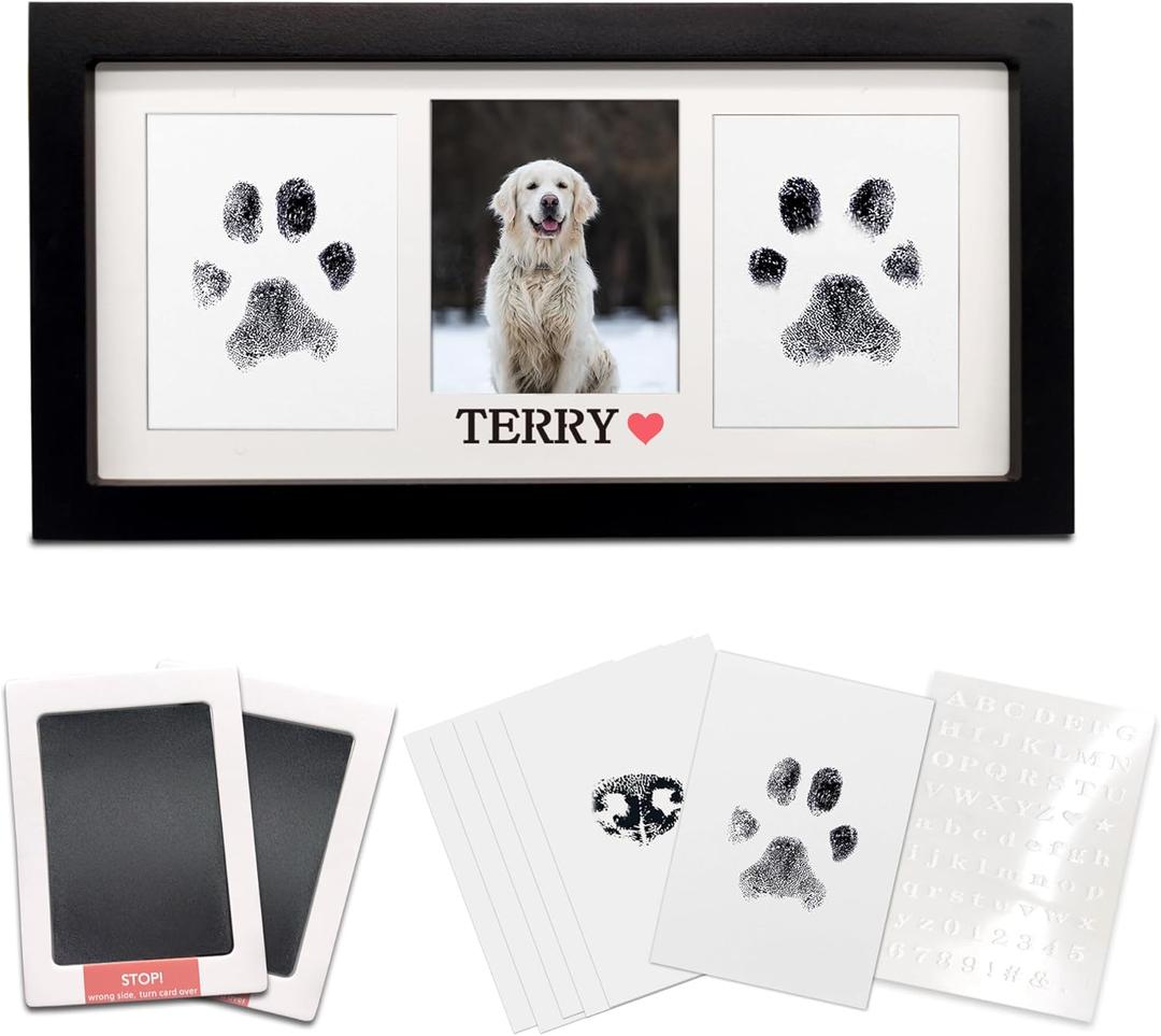 MYPAWLETS Paw Print Frame & Ink Pads Kit,Dog or Cat Paw Print Kit,2 No Mess Ink Pads for Pets,Paw Print Stamp Pad for Dogs,Wooden Pet Memorial Frame,Personalized Pet Paw Print Gifts Medium-Black