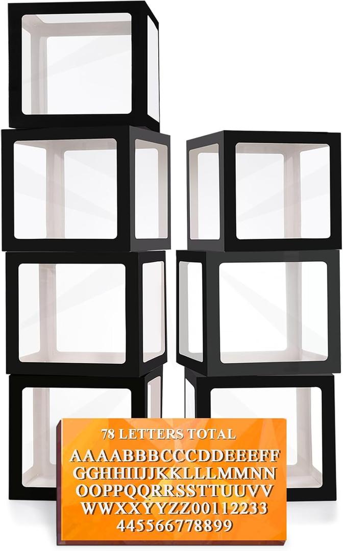 Ledido Black Transparent Balloon Boxes With 78 Letters Numbers, Letter Box for Baby Shower Clear Baby Box Black Balloon Boxes for Birthday, Bridal Shower, Graduation Prom Party Decoration, 7 PCS