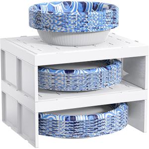 Paper Plate Dispenser and Paper Bowl Dispenser, Space-Saving Plastic, Foam, Disposable Plate and Bowl Organizer, Set of 2 Stackable Kitchen Organizer for Cabinet, Countertop, Shelf (White)