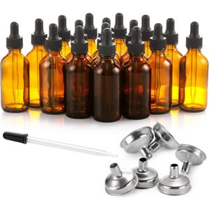24 Pcs, 2 oz Dark Amber Dropper Bottles with 6 Small Funnels & 1 Long Glass Labels - 60ml Tincture Bottles w/ Eye Dropper for Essential Oils, Perfume, Hair Oil, Liquids - Leak Proof Travel Bottles