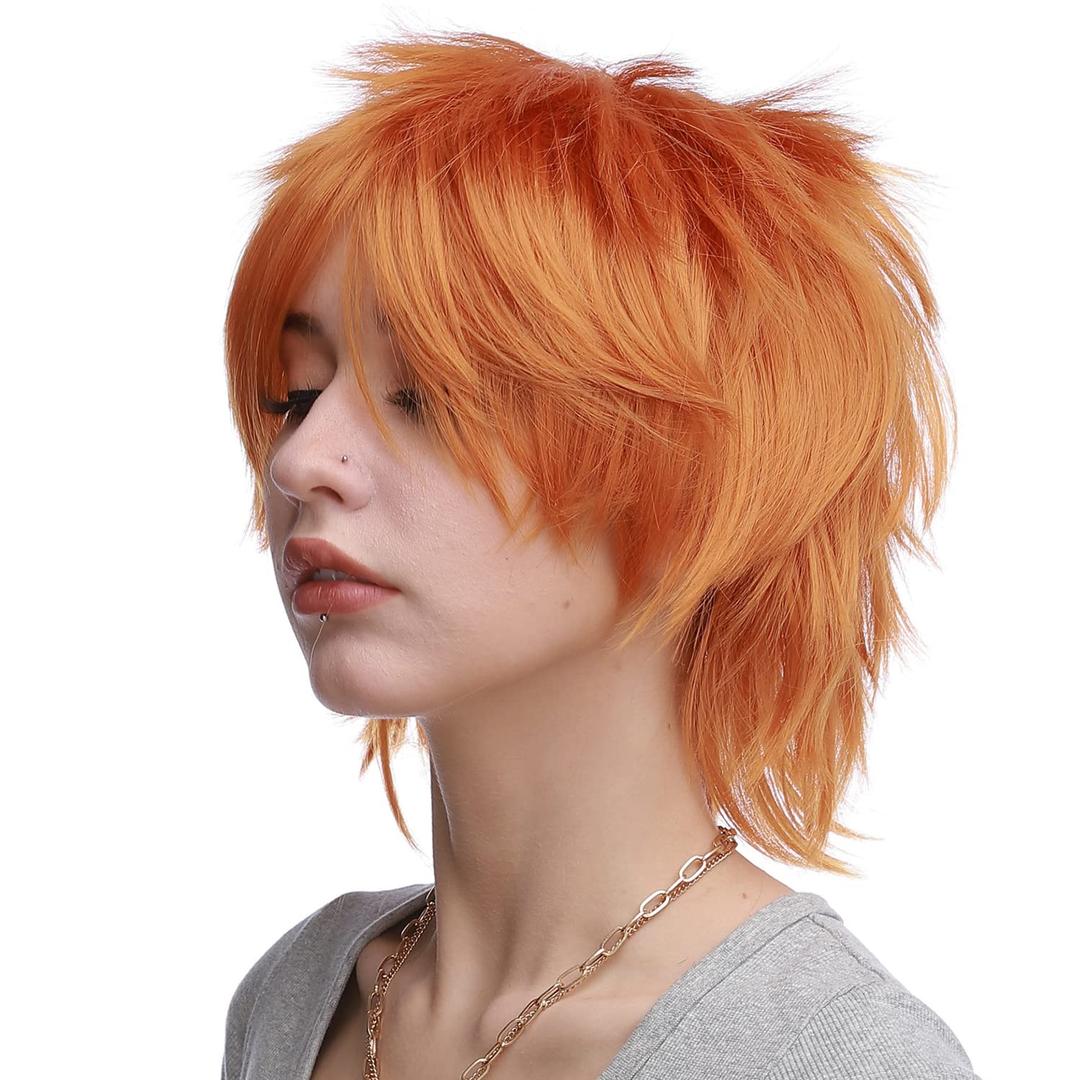 Benehair Short Cosplay Wigs Unisex Short Spiky Layered Anime Cosplay Wigs Fluffy Fashion Dark Orange Cosplayer Wig for Men Women Cosplayer Synthetic Straight Wig for Halloween Party