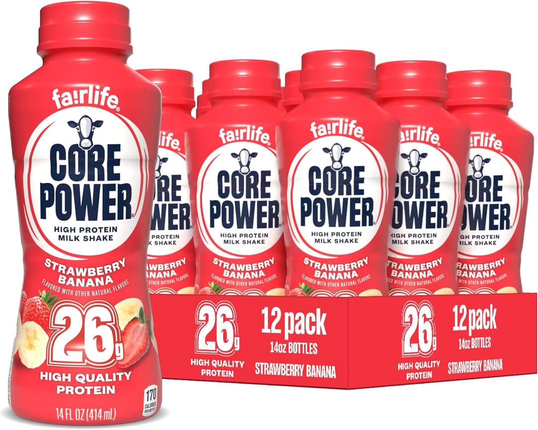 Core Power Protein Shake, Strawberry Banana, 26g Bottle, 14oz, 12 Pack (EXP 06/07/27)