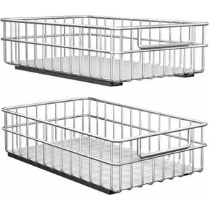 Pull out Cabinet Organizer, Stainless Steel 2-Pack Slide out Drawer with Silent Full-Extension Slides, Adhesive Roll out Can Spice Storage Basket Shelf Rack for Pantry, Kitchen, Bathroom, Home Closet, (11.8"W x 16.5"D x 4.7"H)-2 PACK