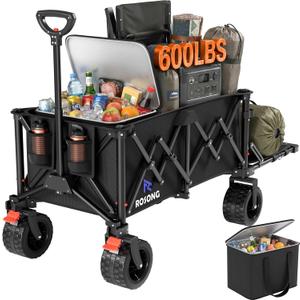 220L Folding Wagon with Detachable 14 Gallon Cooler Bag, Extra Large All-Terrain Heavy Duty Collapsible Beach Wagon Cart with Big Wheels, Foldable Utility Cart for Camping, Tailgate