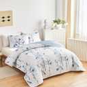 Botanical Quilt Set 3 Pieces King Size, Blue Flower Branch on White Reversible Bedspread Coverlet Set, Soft Microfiber Lightweight Bed Cover for All Season (102" x 90", 1 Quilt+ 2 Pillow Shams)
