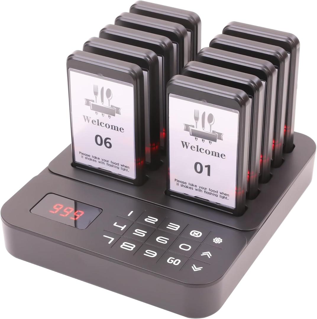 Restaurant Buzzer System, Restaurant Waiting Pager, Pagers and Beepers, Set with Vibration,Flashing and Buzzer,Close Reminder,10 Guest Pagers for Food Truck,Church Nursery