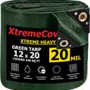 12' x 20' Green Tarp - 20mil | Heavy Duty & Waterproof | UV Protection + Brass Grommets Reinforced Corners Outdoor Storage 12x20 ft Rain Camping Tent Greenhouse roof Leak Ground Cover Leakproof Shed