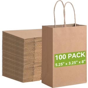 Brothersbox Small Brown Paper Bags with Handles 100PCS, 5.25 * 3.25 * 8 Inch Kraft Gift Bags Bulk for Craft Shopping Business Party Favor Retail Birthday Grocery