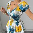 SOLY HUX Women's Floral Blouse V Neck Puff Sleeve Shirred Peplum Ruffle Hem Summer Tops (S)