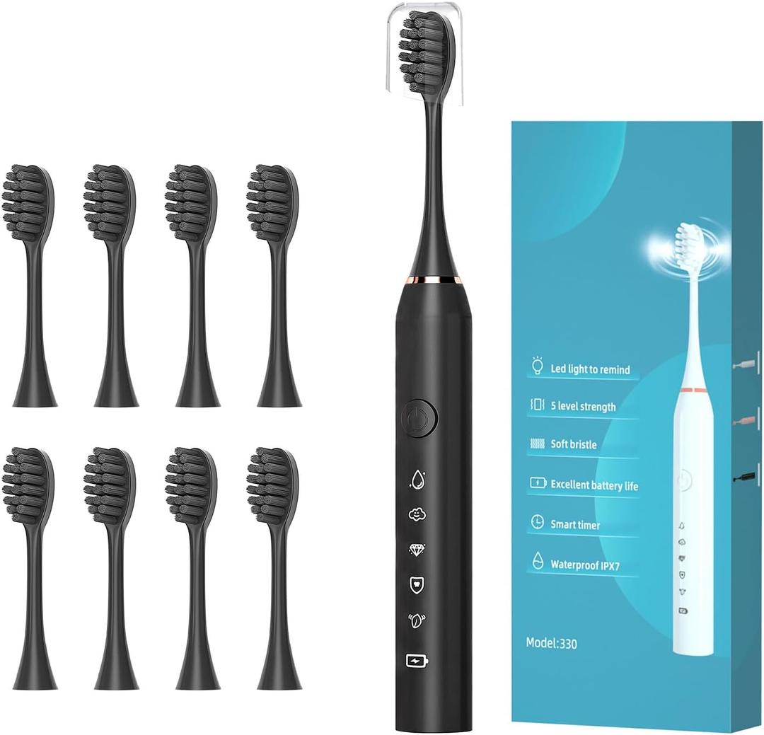 Electric Toothbrush for Adults and Kids, Travel Electric Toothbrush with 8 Brush Heads, Rechargeable Sonic Toothbrush with 5 Modes, 2 Minutes Built in Smart Timer, 42000 VPM Motor (Black)