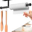 Dual-Purpose Paper Towel Holder Under Cabinet, Upgrade with 4.7in Extended and 5pcs S-Hooks, Adhesive or Screw Wall Mount, Stainless Steel Under Counter Paper Roll Holder for Kitchen Garage (Black)