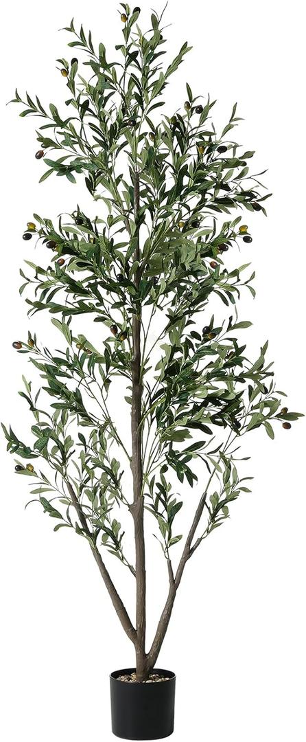 Olive Trees Artificial Indoor, 6FT Tall Faux Olive Tree with Lights Moss and Planter, Artificial Plants Indoor with Natural Wood Trunk and Lifelike Fruits, Fake Tree for Home Office Living Room Decor