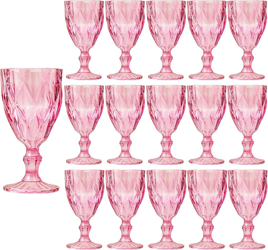 16 Pack Vintage Wine Glasses, Plastic Reusable 12 Ounce Colored Water Goblets, Unique Embossed Pattern Unbreakable Stemmed Wine Glasses, High Clear Wedding Party Bar Drinking Cups Pink