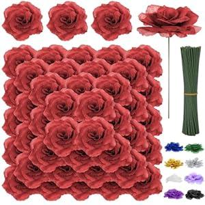 LELEE 108pcs Red Roses Head Flowers with Stem - Artificial Burgundy Flowers Rose Bulk - Silk Wine Red Rose Flowers for Wedding Bouquet DIY Baby Shower Centerpieces Tables Fall Party Decor