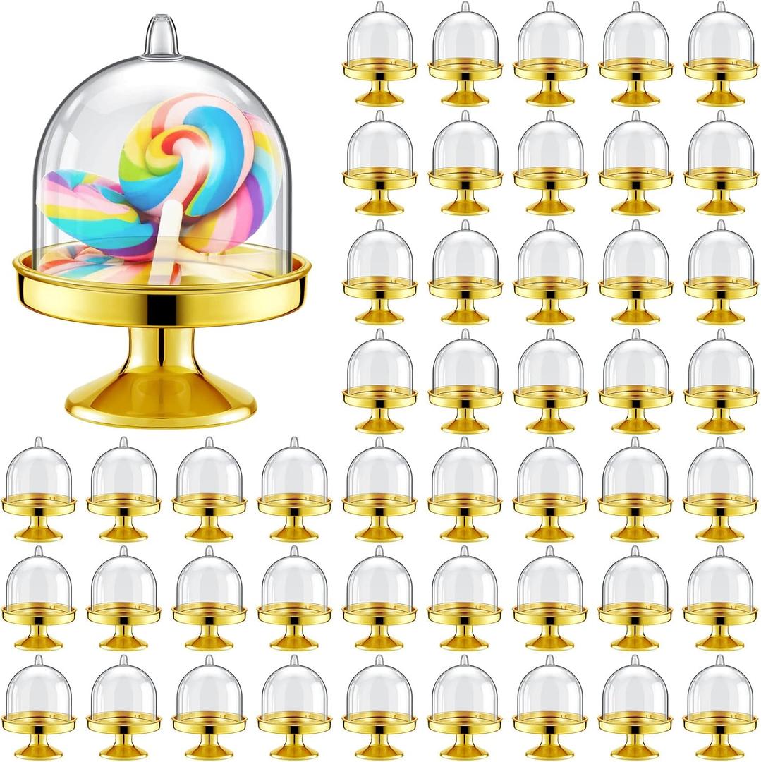 Tessco 48 Pieces Mini Plastic Cupcake Stand with Dome Cover Chocolate Candy Round Mini Cake Holder with Lid Dessert Display Holder Candy Box for Dessert(Gold)