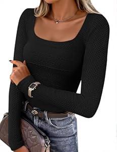 ZESICA Women's Long Sleeve Shirts 2026 Spring Fashion Square Neck Slim Fit Basic Going Out Tops Trendy Outfits L