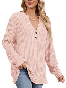 V Neck Sweaters for Women Long Sleeve Tunic Tops Knitted Casual Loose Pullover Sweaters (Small, Pink)