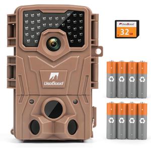 usogood Trail Camera,4K 36MP Game Camera with 8 Batteries&32GB Card,Trail Cameras with Night Vision Motion Activated Waterproof IP66, 120 Detection Angle,2.0Screen Trail Cam for Wildlife Monitoring (brown)