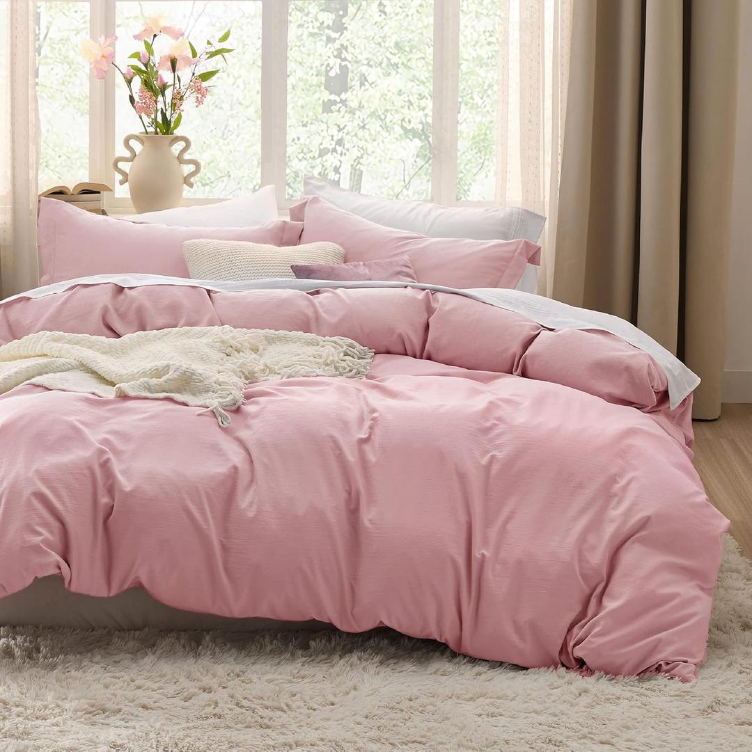 Bedsure Pink Duvet Cover Queen Size - 3 Pieces Prewashed Cotton-Like Extra Soft Bedding Set, Includes 1 Duvet Cover 90x90 Inches with Zipper Closure & 2 Pillow Shams, Comforter Not Included