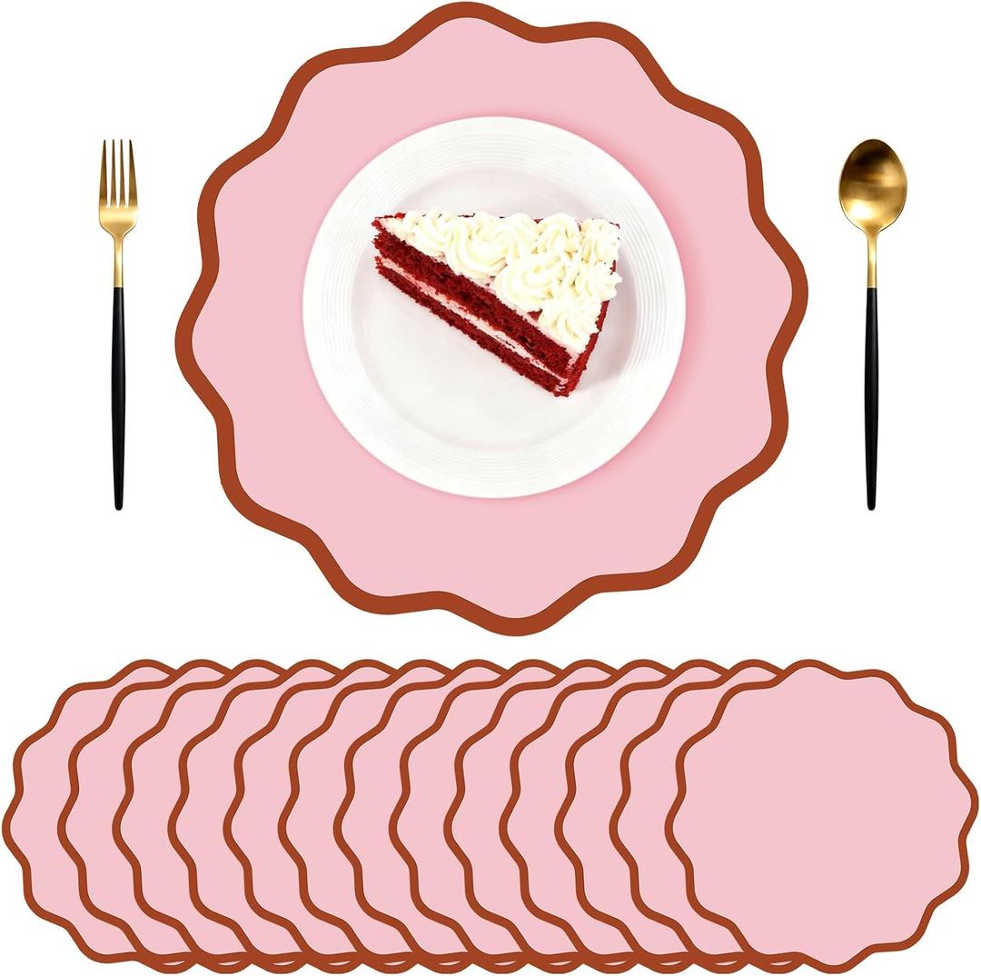 Pink Scalloped Paper Placemats 60 Pcs Disposable Coated Paper Waterproof Place Mat with Wavy Edge Table Decor for Baby Shower Party Supplies Birthday Wedding Banquet Tea Party (13.5 Inch Round)