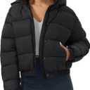 Pioneer Camp Women's Winter Cropped Puffer Jacket with Hood Waterproof Short Warm Quilted Jacket Puffy Bubble Coat Outerwear (X-Large, Black)