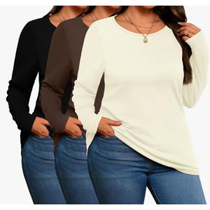 3 Pack Women's Plus Size Cotton Shirts, Scoop Neck Long Sleeve Casual Tops Form Fitting Knitted T-Shirts Blouses, XXL