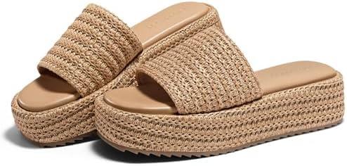 Coutgo Womens Platform Sandals Raffia Espadrilles Slip on Open Toe Cute Boho Summer Beach Slide Sandals Size 7.5