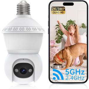 Light Bulb Security Camera, 2.4G/5GHz WiFi 2K Security Cameras Wireless Outdoor Indoor,Bulb Cameras for Home Security,AI Human Detection,Siren Alarm,2 Way Talk,Color Night Vision,Compatible with Alexa