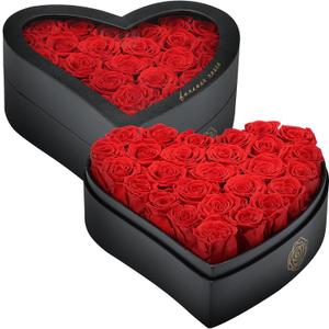 HERBMOTG 27 Forever Real Roses in Heart-Shaped Box with a Curved Design, Grade A Quality-Preserved Roses for Birthday, Mothers Day & Valentines Day (Red)