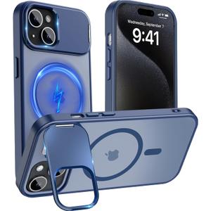 Cufelf Magnetic for iPhone 15 Case(Compatible with Magsafe)(Built-in Invisible Kickstand) Military Drop Protection,Anti-Fingerprint,Anti-Scratch,Matte Translucent Phone Cover,6.1",Blue