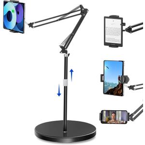 Peastrex Tablet Floor Stand with 12lb Stable Base Overhead Bed Ipad Phone Holder Mount with Adjustable Height Stretchable Arm for 4.5-13in iPad Pro Air Mini 12.9/9.7, Kindle, Galaxy Tab, CellPhones