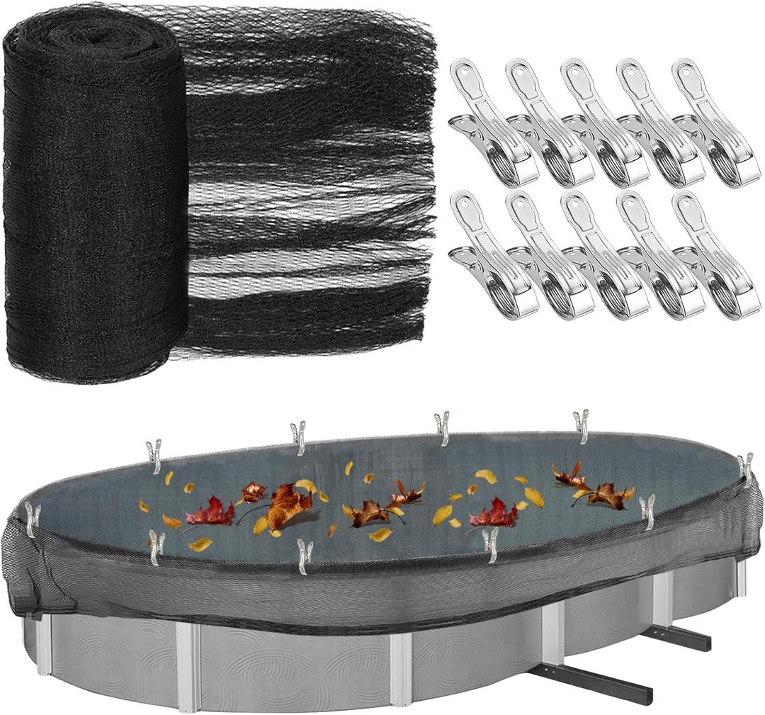 15 X 28 Ft Oval Swimming Pool Leaf Net Cover,Pool Winter Cover Mesh Cover with 10 Pcs Large Metal Clips, Pool Safety Net Fits 12 x 24 Above Ground Pools, Keeps Leaves Out of Your Pool