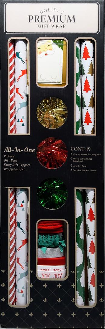 LaRibbons Christmas Wrapping Paper Sets, Classic Reindeer & Plaid Design With Ribbons & Gift Tags & Metallic Pom Pom, Perfect for Xmas, Holiday Party, 30Inch × 10Feet（4 Rolls: 100 Sq.Ft.Ttl）